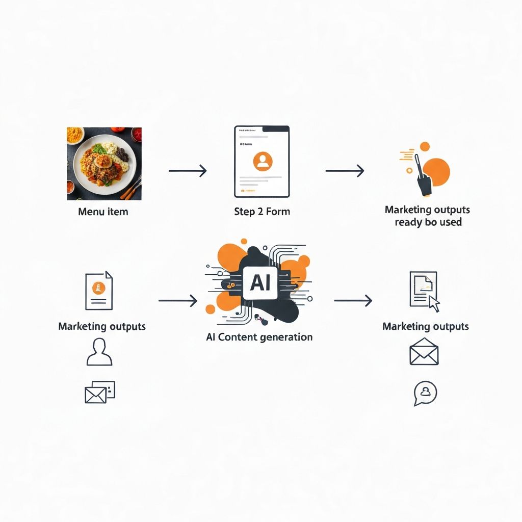 4-step process flow: menu item, form, AI generation, and campaign outputs