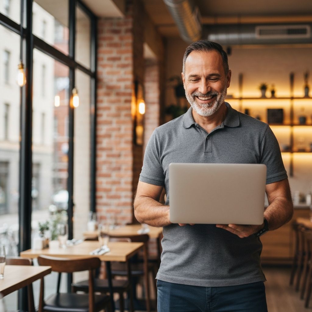 Happy restaurant owner using laptop in cozy restaurant